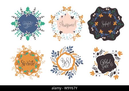 Abstrakte natur blumen Frames mit Platz für Ihren Text einstellen. Hand mit Pinsel und Tusche gezeichnet. Im skandinavischen Stil Abbildung. Vektor. Stock Vektor