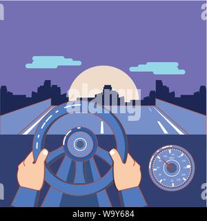 Hand am Lenkrad und Straße Landschaft über lila Hintergrund, farbenfrohen Design. Vector Illustration Stock Vektor