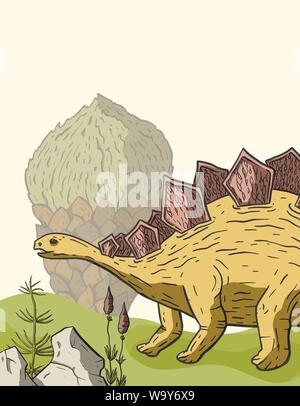 Stegosaurus Dinosaurier in ihrem Lebensraum. Jura- und Kreidezeit Tier. Prähistorische vector dino Karte. Stock Vektor