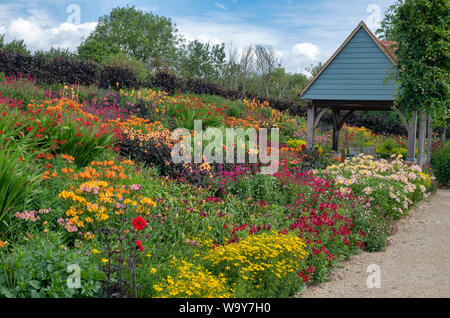 Farbenfrohe Sommer Blumenbeete im Aston Pottery. Aston, Bampton, Oxfordshire, England Stockfoto