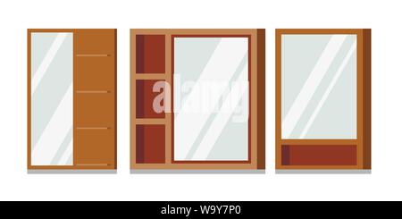 Vektor einrichten von Holzrahmen rechteckiger Spiegel mit Regalen Badezimmer. Stock Vektor