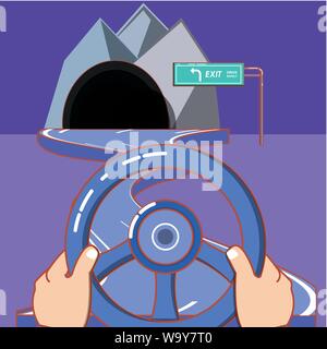 Tunnel und die Hände am Lenkrad über lila Hintergrund, farbenfrohen Design. Vector Illustration Stock Vektor