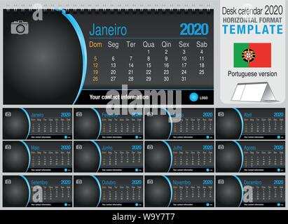 Nützliche Schreibtisch Dreieck Kalender 2020 Vorlage auf schwarzem Hintergrund, mit Platz für ein Foto zu platzieren. Größe: 22 cm x 10 cm. Portugiesische Version Stock Vektor