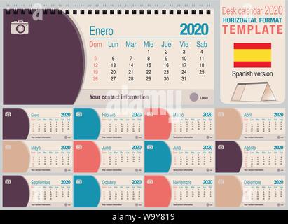 Nützliche Schreibtisch Dreieck Kalender 2020 Vorlage, mit Platz für ein Foto zu platzieren. Größe: 22 cm x 10 cm. Format horizontal - Spanische Version. Vektorbild Stock Vektor