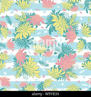 Vektor Pastell bunte nahtlose Muster mit tropischen Fackel Ingwer Blumen und Streifen. Geeignet für textile, Geschenkpapier und Tapeten. Stock Vektor