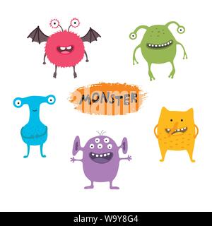 Set of cute different cartoon monsters, elements for your design, prints and banners. Monster colorful collection. Happy Halloween. White background Stock Vektor