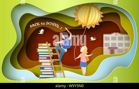 Zurück zu Schule 1. september Karte mit Kindern, Bücher und Sonne Luftballon. Vector Illustration. Papier geschnitten und Handwerk Stil. Stock Vektor