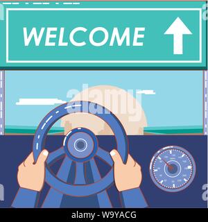Die Hände am Lenkrad und willkommen Vorstand über Landschaft Hintergrund, farbenfrohen Design. Vector Illustration Stock Vektor