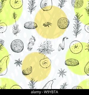 Nahtlose Muster mit Hand gezeichnet Weihnachten Winter Gewürze, Orangenscheiben, Birne, Apfel, Rosmarin. Gute Idee für Vorlagen Menü, Rezepte, Grußkarten. Stock Vektor