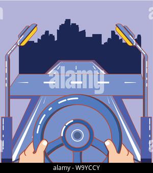 Die Hände am Lenkrad und die Straße über lila Hintergrund, farbenfrohen Design. Vector Illustration Stock Vektor