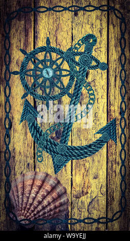 Kompass Ankerrad aus alten Seile auf Holz Stockfoto