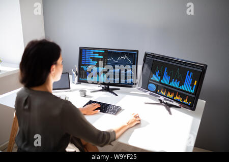 Junge weibliche Börse broker Analyse von Graphen auf Computer am Arbeitsplatz Stockfoto