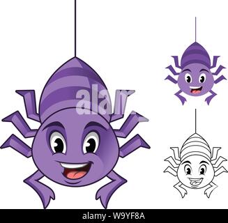 Adorable Spinne hängt am Cobweb Thread Cartoon Character Design, einschließlich Flachbild und Line Art Designs, Vector Illustration. Stock Vektor