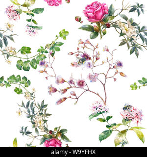 Aquarell von Blatt und Blumen, nahtlose Muster auf weißem Hintergrund Stockfoto