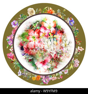 Blumenstrauß aus den vielfarbigen Blumen Aquarell auf Kreis Stockfoto
