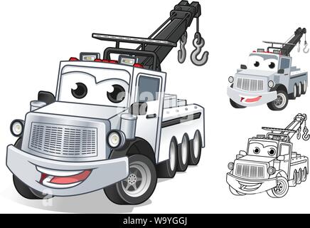 Happy Abschleppwagen Cartoon Character Design, einschließlich Flachbild und Line Art Designs, Vector Illustration, die in isolierten weißen Hintergrund. Stock Vektor