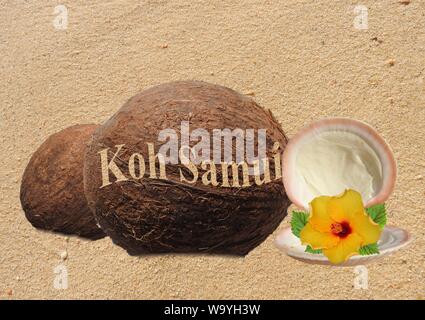 Kokosnüsse mit Gravur im Sand Stockfoto