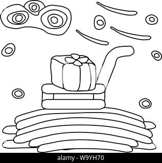 Malbuch für Kinder. Winter Schlitten mit Weihnachtsgeschenk. Kreative Aufgabe für Kind. Weiß Abbildung. Stock Vektor