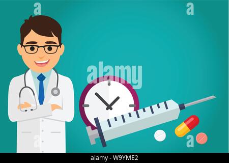 Arzt beruf Charakter Gesundheit Versorgung mit Medikamenten. Vector Illustration. Stock Vektor