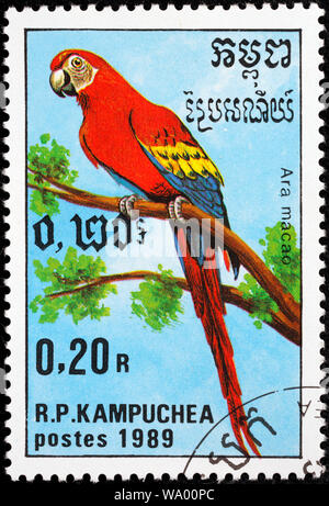 Scarlet Macaw, Ara macao, Briefmarke, Kambodscha, Kambodscha, 1989 Stockfoto