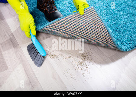 Niedrig Schnitt ein fauler Hausmeister fegt Schmutz unter den Teppich Stockfoto