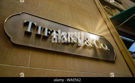 Montreal, Quebec, Kanada, August 14,2019. Close-up von Tiffany & Co. unterzeichnen in Montreal, Quebec, Kanada. Credit: Mario Beauregard/Alamy Nachrichten Stockfoto