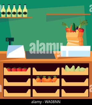 Showcase store mit frischen Lebensmitteln und Geldautomat Register Vector Illustration Design Stock Vektor