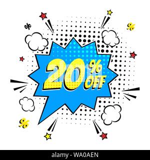 Comic Schriftzug 20 Prozent weg vom Verkauf in der Sprechblase Comic-stil flache Bauform. Stock Vektor