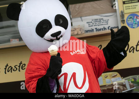 Bambu, das Maskottchen des Pandas, trägt ein rotes Hemd neben dem Eis Van bei der Southport Flower Show. VEREINIGTES KÖNIGREICH Stockfoto