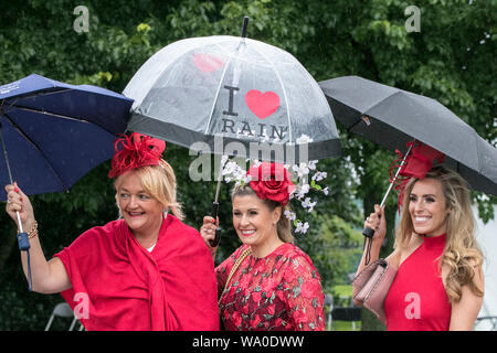 Southport, Merseyside, 16. August 2019. Starker Regen ergießt sich auf Besucher trotzen dem schrecklichen Wetter, wie sie ihren Weg in die 2019 Southport Flower Show machen. Das Vereinigte Königreich ist um mehr als einen Monat im Wert von Regen heute geschlagen zu werden - bevor das heiße Wetter Renditen für die Bank Holiday. Credit: cernan Elias/Alamy leben Nachrichten Stockfoto