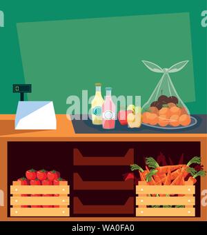 Showcase store mit frischen Lebensmitteln und Geldautomat Register Vector Illustration Design Stock Vektor