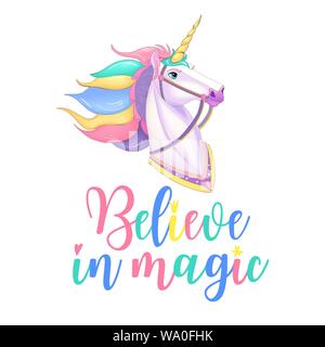 Weißes Einhorn Vektor-Illustration für Kinder-Design. Regenbogenhaar. Isoliert. Niedliches Fantasy-Tier. Typografie-Design. Stock Vektor