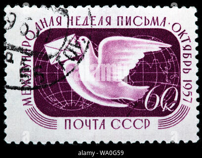 Brieftaube und Globus, Internationale Schreiben Woche, Briefmarke, Russland, UDSSR, 1957 Stockfoto