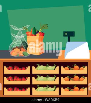 Showcase store mit frischen Lebensmitteln und Geldautomat Register Vector Illustration Design Stock Vektor