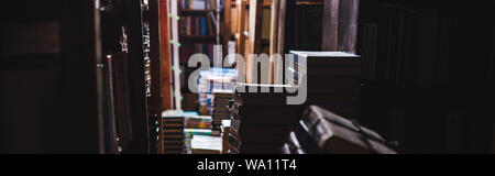 Panorama-aufnahme des Vintage Bücher in den Regalen der Bibliothek Stockfoto