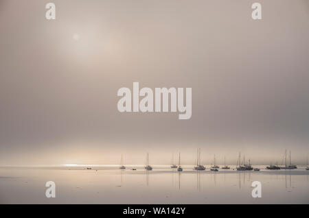 Yachten festgemacht am Horizont in Lochcarron, Wester Ross, Highlands von Schottland. Misty Tag mit niedrigen thin Cloud mit Earl sun, bis hin zu leicht. Stockfoto