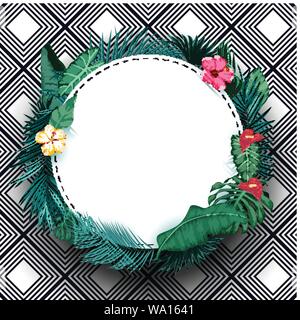 Tropische Blätter mit runden Papier auf Muster gestreiften Hintergrund Stock Vektor