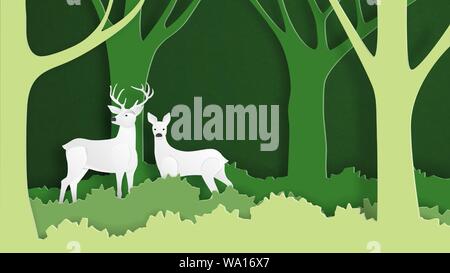 Hirschpaar Tierwelt in grüner Natur Wald Hintergrund Vorlage in Papier schneiden Stil. Ökologie und Naturschutz kreatives Konzept. Papier Kunst i Stock Vektor