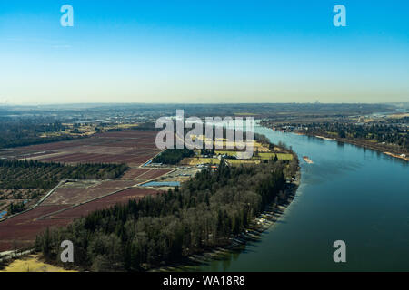 Aerial view of highway one over the Fraser River close to the city of Chilliwack, British Columbia, Stock Photo