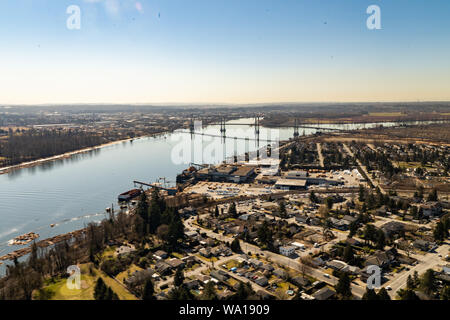 Aerial view of highway one over the Fraser River close to the city of Chilliwack, British Columbia, Stock Photo