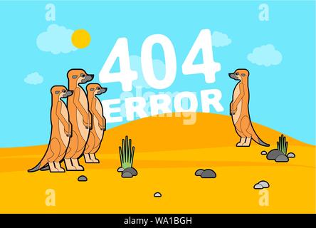 Fehler 404 Seite und Erdmännchen in der Wüste. Erdmännchen Familie stehen und warten. Kleine Mungo unterzeichnen. Webseite nicht gefunden. Vector Illustration Stock Vektor