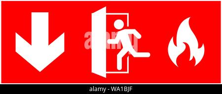 Notfall Notausgang Schild. laufender Mann Symbol zu Tür. Rote Farbe. Pfeil Vektor. Warnung - Typenschild Stock Vektor