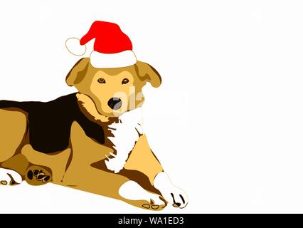 Gelb Braun Hund mit Santa Hut, weißen Hintergrund mit kopieren. Grußkarte Weihnachten isoliert auf weißem Hintergrund. Vector Illustration. Stock Vektor