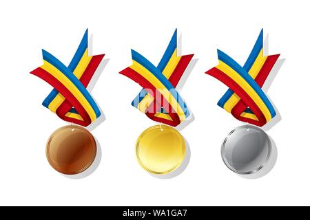 Rumänische Medaillen in Gold, Silber und Bronze mit National Flagge. Isolierte Vektorobjekte auf weißem Hintergrund Stock Vektor