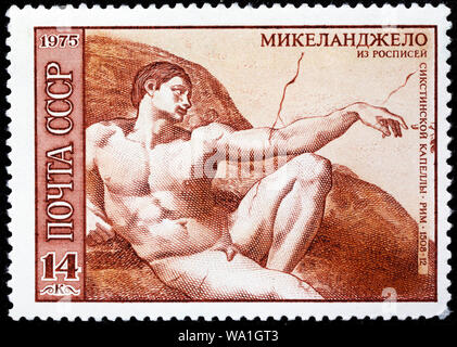 Freien Erschaffung des Adam von Michelangelo, Sixtinische Kapelle Decke, Briefmarke, Russland, UDSSR, 1975 Stockfoto