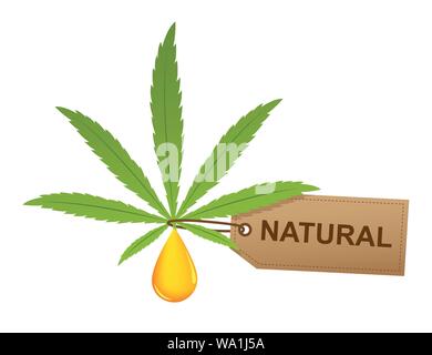 Cannabis leaf mit Öl und natürlichen Label isoladet auf weißem Hintergrund Vektor-illustration EPS 10. Stock Vektor