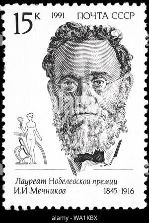 Ilja Metschnikow (1845-1916), Russische Mikrobiologe, Nobelpreis für Medizin (1908), Briefmarke, Russland, UDSSR, 1991 Stockfoto