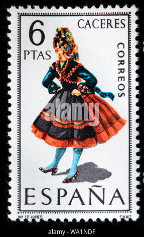 Caceres, Extremadura, eine Frau in der traditionellen altmodischen regionale Kostüm, Briefmarke, Spanien, 1967 Stockfoto