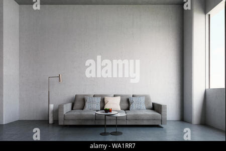 Große offene industrielle Hangar mit Beton Wände, Boden und Decke. Mit Sofa, Tisch, Lampe und Platz für Text Vorlage. 3D-Rendering, 3d-illustra Stockfoto