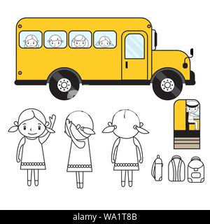 Animation set School Bus, Mädchen, Kinder, Tasche Stock Vektor